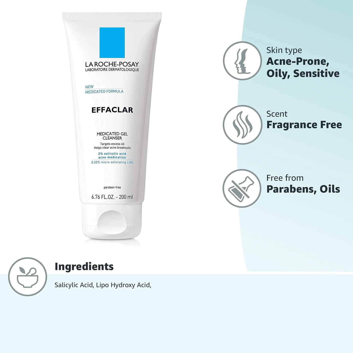 La Roche-Posay Effaclar Medicated Gel Cleanser | 2% Salicylic Acid Cleanser + LHA + Glycerin | Foaming Acne Face Wash | Helps Clear & Prevent Acne Breakouts | Oil Free Acne Wash | Targets Excess Oil